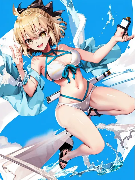 1girl, okita_souji (fate), smile,open_mouth, swimsuit, white bikini, side-tie bikini_bottom, armpits,  wristband,  large_breasts, harbor_background, blonde_ponytail,apart_legs,dynamic_posing,happy,solo,XD,arms,knees,sandals,medium_thighs,