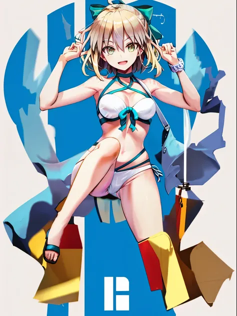 1girl, okita_souji (fate), smile,open_mouth, swimsuit, white bikini, side-tie bikini_bottom, armpits,  wristband,  large_breasts, harbor_background, blonde_ponytail,apart_legs,dynamic_posing,happy,solo,XD,arms,knees,sandals,medium_thighs,