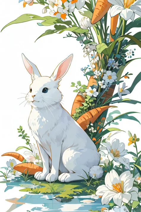 A captivating white rabbit, in the full bloom of Miyazakis enchanting style, stands still before a pristine white background with a carrot clutched lovingly in its paws. The illustration is gracefully rendered in high definition, the delicate details broug...