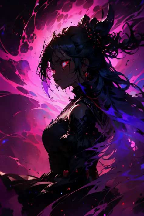 (the whole body is a shadow),(black skin)1girl,screaming expression,long hairstyles,red eyes,gothic lolita,wild hair,darkness fa...