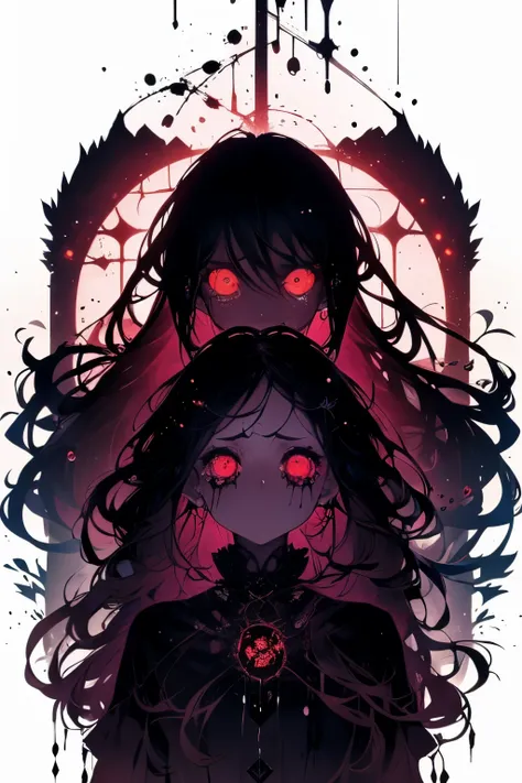 (the whole body is a shadow),(black skin)1girl,screaming expression,long hairstyles,red eyes,gothic lolita,wild hair,darkness fa...