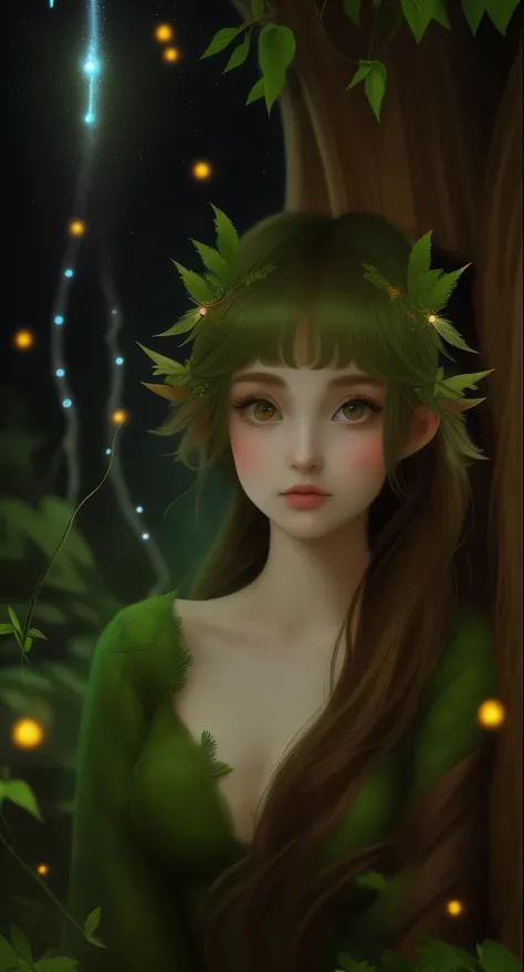 (symmetrical:1.3), (cute cartoon style:1.3), (solo:1.3), beautiful (((dryad inside a tree))) stands tall amidst a symphony of vibrant flora, (adorned with intricate flowing vines and leaves), she radiates an aura of strength and grace, her eyes reflect a d...