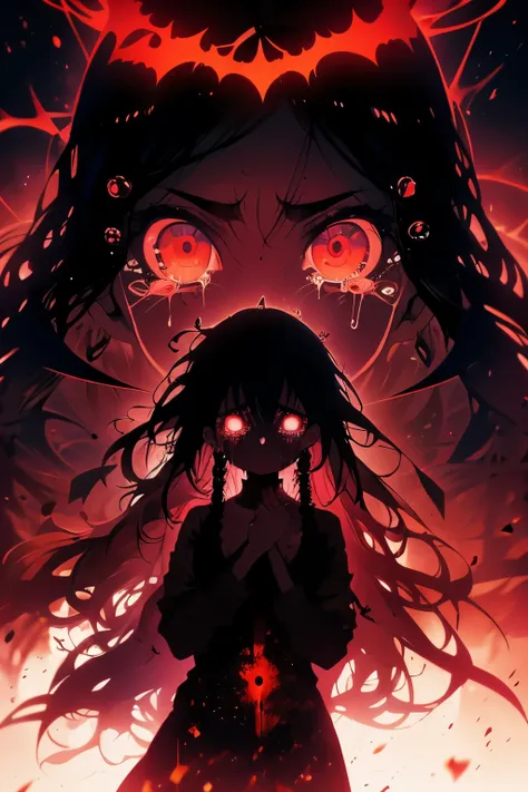 (the whole body is a shadow),(black skin)1girl,screaming expression,long hairstyles,red eyes,gothic lolita,wild hair,darkness fa...