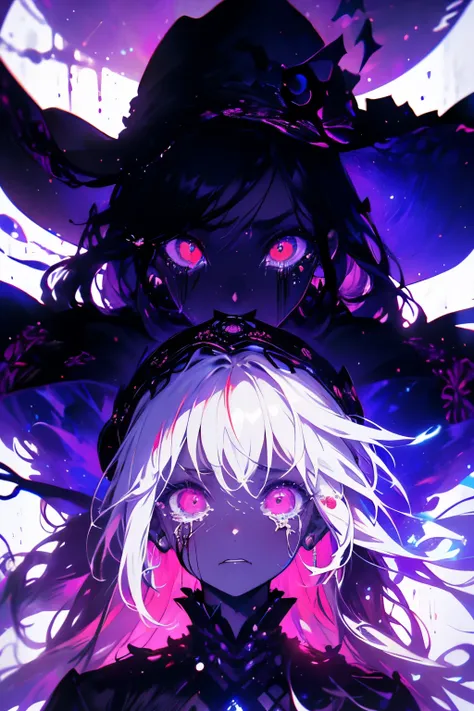 (the whole body is a shadow),(black skin)1girl,screaming expression,long hairstyles,red eyes,gothic lolita,wild hair,darkness fa...