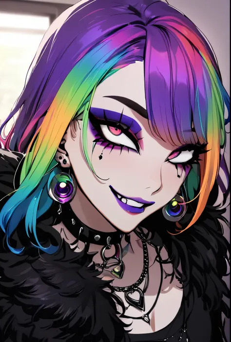 1girl, Holo-Punk Style, rainbow hair, earrings, eyelashes, grin, indoors, jewelry, lips, makeup, necklace, goth, ahg, rolling eyes