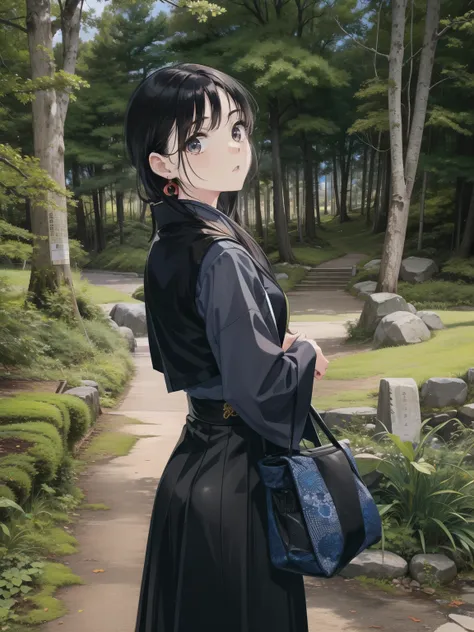 there is a woman standing with a purse in the park, chiho, sakimichan, wearing a black vest and skirt, ulzzang, kimono, wearing ...