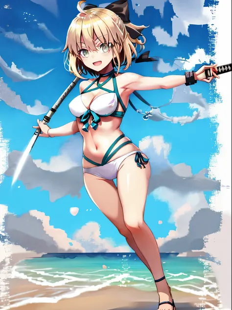 1girl, okita_souji (fate), smile,open_mouth, swimsuit, white bikini, side-tie bikini_bottom, armpits,  wristband,  large_breasts, beach_background, blonde_ponytail,apart_legs,,happy,solo,XD,arms,knees,sandals,medium_thighs,hold_katana,katana,elbows,