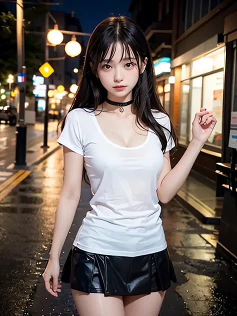 cute girl wearing a white t-shirt, rainに濡れています、My nipples are transparent、髪がrainで濡れています、cleavage、The pants are transparent through the skirt、(((masterpiece))), ((highest quality)), ((Complex)), ((surreal)), , ((bomb)), very detailed, 1 girl, ((small breast...