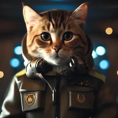 ((best quality, 8k, masterpiece: 1.4)),((stunning details: 1.3)),((illustration, casual hairstyle: 1.2)),((high resolution: 1.1)), A cute cat standing, headphones on head, Tactical jacket, Fashion, soft Light, colorful, depth of field, Light, from below, a...