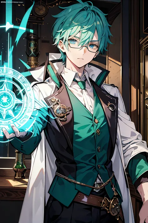 male　deep green hair　blue eyes　one person　Glasses　alchemist　magic circle　Magic activation 　flask　steampunk　magic tool　whole body　cool　masterpiece　Highest image quality　noise removal　clear parts 　cinematic shadow　Increases the attractiveness of the eyes　cle...