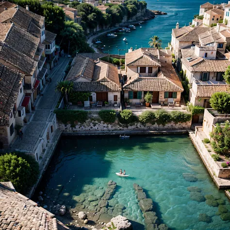 A breathtaking top-down view of a coastal Mediterranean village, azure waters contrasting with terracotta rooftops, cobblestone streets winding through charming houses, local markets, and lively outdoor cafes, Photography, taken with a Canon EOS 5D Mark IV...