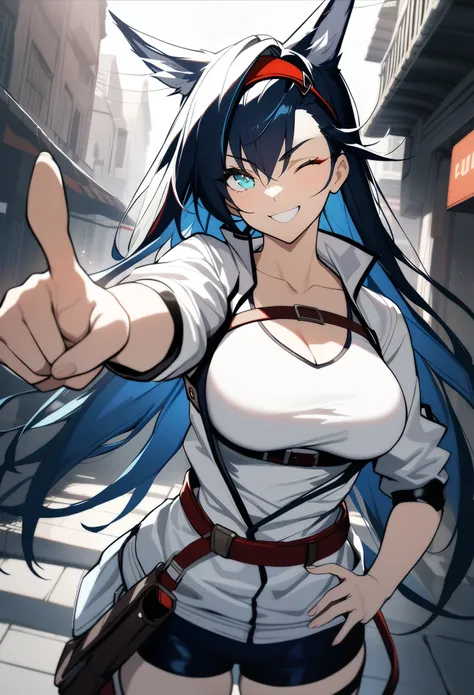 1girl, blaze(arknights), arknights, standing, cat ears, black hair, long hair, blue eyes, breasts, underbust, smile, one eye closed, wink, white jacket, white shirt, pointing at viewer, street, cinematic angle, masterpiece, best quality