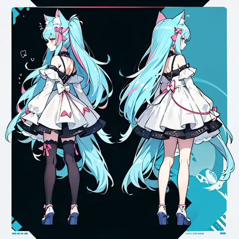 A girl with long hair and cat ears,cute theme dress, colorful hair,cute outfit,cute  dress. A reference sheet of her,full body,side profile and front profile,and back profile 