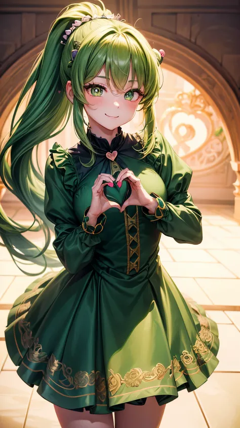 perfect anatomy, masterpiece:1.2, best quality, 8k, beautiful detailed grow, daydreaming expression, (((heart in hands))) close-up face (a ponytail green hair long hair cute girl, 14 yo, love smile), ((ultra-cute heart-shaped pupils eyes)), in a cute green...