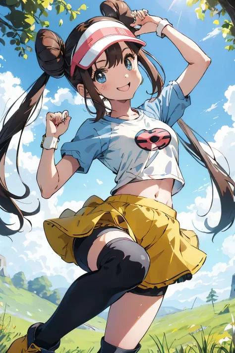 table top、highest quality、High resolution、1 girl、solo、short height、thin legs、belly button、smile、tits、dark brown hair、bun hair、blue eyes、long twin tails、visor cap、((black knee socks、boots))、raglan sleeves、white panties、((short yellow shorts))、shirt、pink rib...