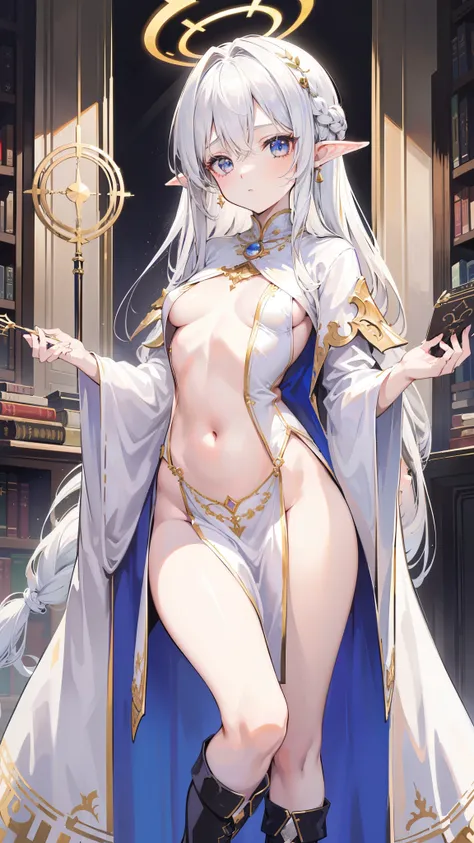 (((loli)))，A lovely and beautiful female knight，long white hair，Sexy and elegant，Magnificent Library，Mage Robes，Exquisite clothing，(robe slit)，(black garters)，Elf，(boots)，cleavage，(The chest is super small)))，(((super small breasts)))，(Close-up photo)，flat...