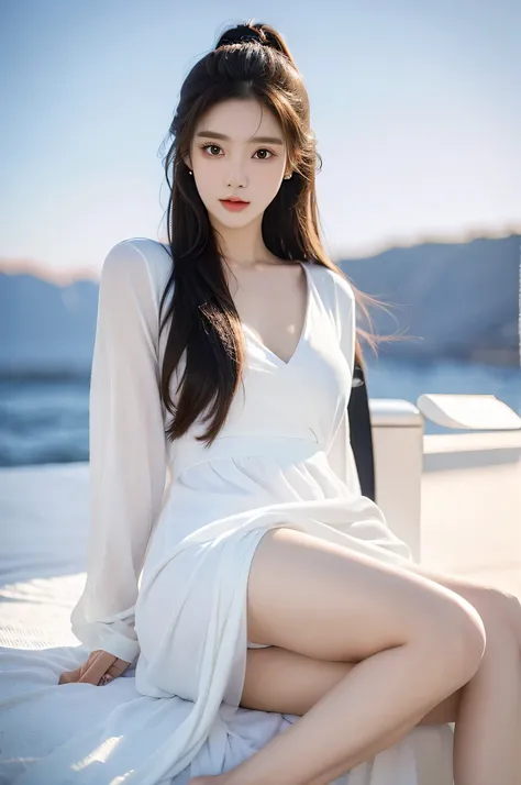 1 cute real photo of Korean star, Full body photo of the character，Keep the character&#39;s body out of the frame，medium hair, fine hair, White skin, Light makeup,,wearing white clothes, closeup portrait, super high quality，character-centered，forehead expo...