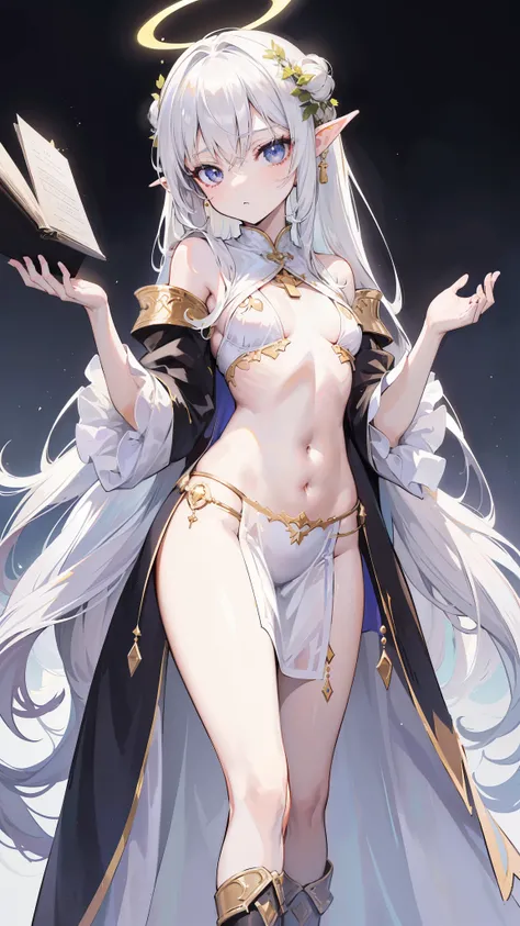 (((loli)))，A lovely and beautiful female knight，long white hair，Sexy and elegant，Magnificent Library，Mage Robes，Exquisite clothing，(robe slit)，(black garters)，Elf，(boots)，cleavage，(The chest is super small)))，(((super small breasts)))，(Close-up photo)，flat...