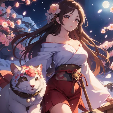 Best Quality, masutepiece, beautiful mature women、Beautiful face、Strong-minded woman、((Kimono))brown haired、(Brown-eyed)、Longhaire、Undersized eyes、(((Japanese garden、camellia)))、(Snow is piled up、Moon Night、fullmoon)