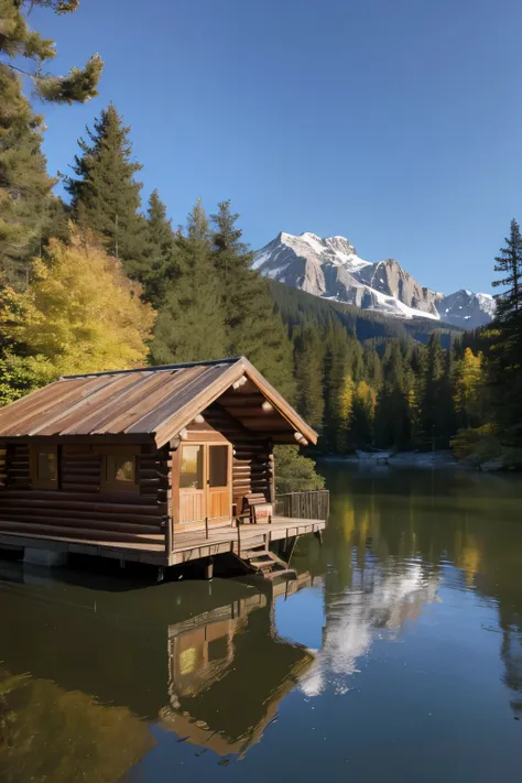 A genuine, 8k photo taken with a Nikon D7000 camera, A cozy wooden cabin nestled by the lakeside, exuding rustic charm amidst serene natural surroundings.