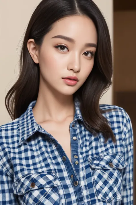 denim pants、Gingham plaid shirt、pumps、detailed face、lip details、detailed eye、Glossy skin、one person