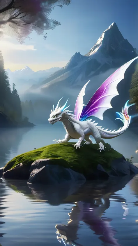 phantom white dragon，fly in the sky,dazzling，mysterious，glitter star body painting，in the stream between the mountains, fantastic dream，butterfly，magical forest background，Sparkling reflections on the water surface，calm expression，Flowers blooming around々，...