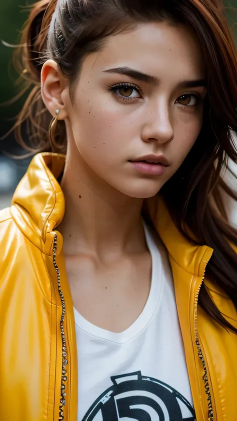 RAW photo, 20 year old close up portrait photo.o 1 girl, alone, realistic,shirt,Jacket, cyber punk, spike hair,brown hair, yellow Jacket, The background is the city ruins, (high definition skin:1.2), 8k UHD, Digital single-lens reflex camera, soft lighting...