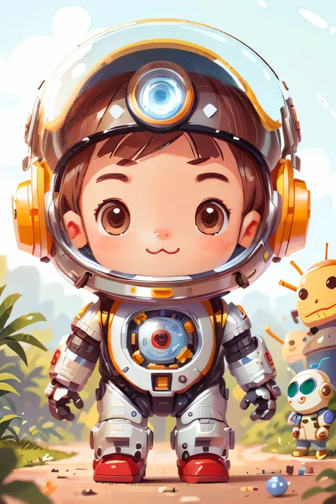 Close-up of toy wearing helmet and camera, Cute humanoid robot, The little astronaut looked up, Cute robot, Cute astronaut sticker art, artificial intelligence astronaut portrait, Cute and friendly robot, Astronaut stands and looks, facial robot, friendly ...