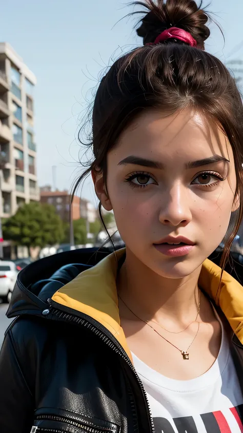 RAW photo, 20 year old close up portrait photo.o 1 girl, alone, realistic,shirt,Jacket, cyber punk, spike hair,brown hair, yellow Jacket, The background is the city ruins, (high definition skin:1.2), 8k UHD, Digital single-lens reflex camera, soft lighting...