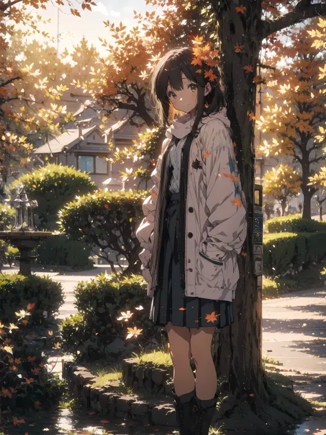 1girl,acorn,against tree,aki shizuha,autumn,autumn leaves,bangs,bare tree,blue sky,blurry,blurry background,blurry foreground,boots,branch,breathing fire,bridge,brown eyes,brown footwear,brown hair,building,burning,bush,campfire,carrot,chain-link fence,cit...