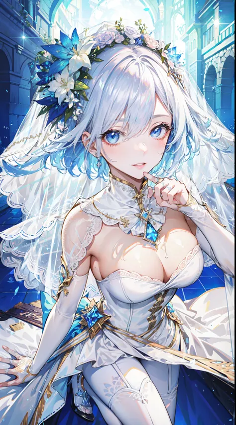 (best quality)+,(on the table)++,(Super detailed)++, Masterpiece Top Quality Super Fine Illustration High Detail Lighting Perfect Lighting, (1 bride:1.3),, First class female body, Perfect body, beautiful breasts, View from the front, from above, delicate ...