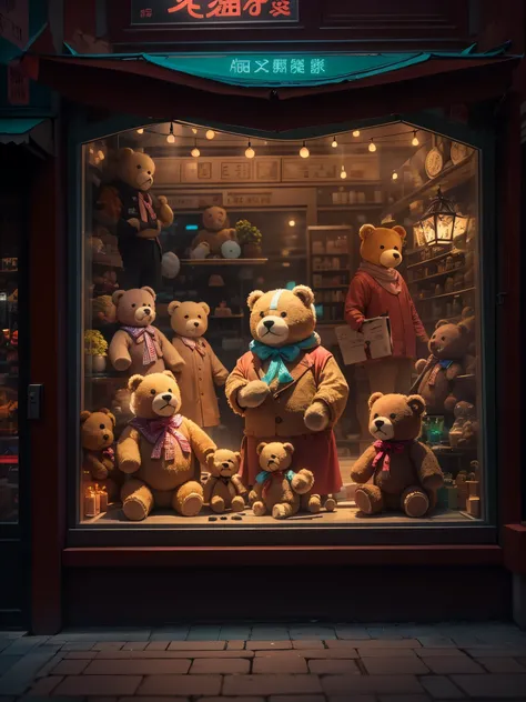 Interesting window display,Creative window display,Display of several exquisite teddy bear dolls。Global illumination。Particle tracing。neon lights,Colorful。8k ultra high definition 。(The old man looks into the window。old man's back。)