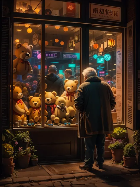 Interesting window display,Creative window display,Display of several exquisite teddy bear dolls。Global illumination。Particle tracing。neon lights,Colorful。8k ultra high definition 。(The old man looks into the window。old man's back。)