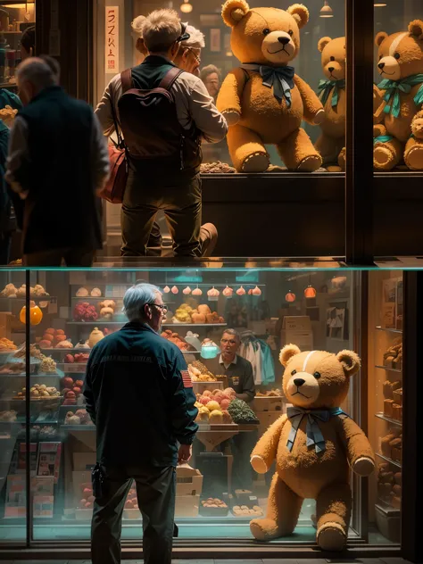 Interesting window display，Creative window display，Display of several exquisite teddy bear dolls。Global illumination。Particle tracing。neon lights，Colorful。8k ultra high definition 。（The old man looks into the window。old man&#39;s back。）