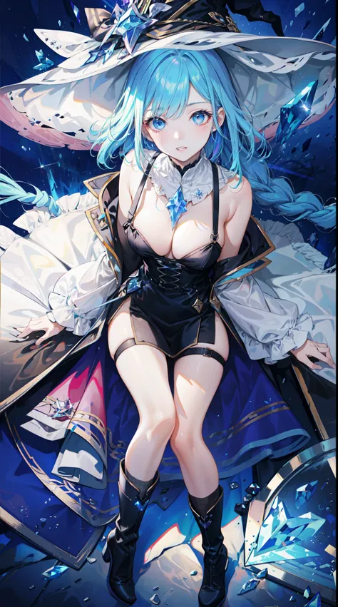 (best quality)+,(on the table)++,(Super detailed)++, Masterpiece Top Quality Super Fine Illustration High Detail Lighting Perfect Lighting, (Witch 1 person:1.3),, First class female body, Perfect body, beautiful breasts, View from the front, from above, de...