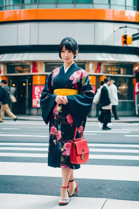 Take an Asian woman crossing Shibuya Crossing in Tokyo. ela esta usando kimono florido foto ultrarealista 8k