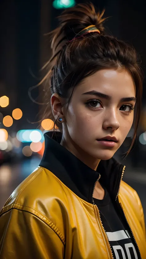 RAW photo, 20 year old close up portrait photo.o 1 girl, alone, realistic,shirt,Jacket, cyber punk, spike hair,brown hair, yellow Jacket, The background is the city ruins, (high definition skin:1.2), 8k UHD, Digital single-lens reflex camera, soft lighting...