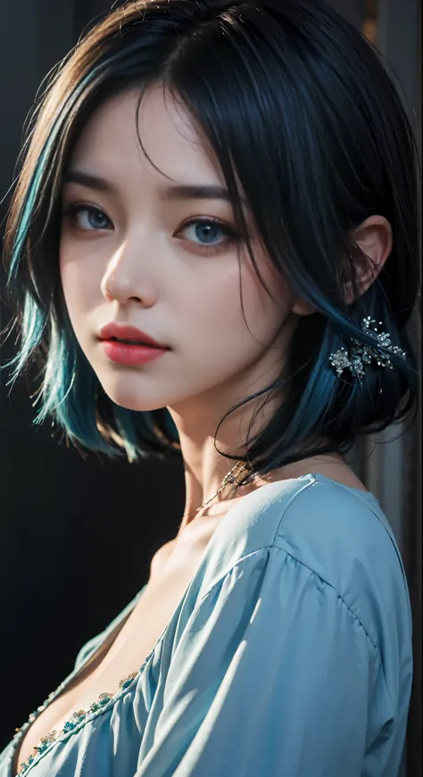 (highest quality、8k、16k、masterpiece、Realistic、Super detailed、Beautiful in every detail、ray tracing)、photograph、BREAK,（and soul）（secondary elements）1 girl、((blue hair))、hair length、((blue eyes、gradient eyes、sparkling eyes))、bright eyes、finely tuned、expressi...