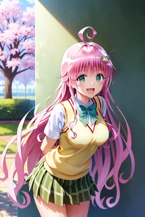 (best quality:1.1), (Meisterwerk:1.4), (absurder:1.0), highres, portrait, Nahaufnahme, 1girl, To Love Ru, Lala Satalin Deviluke, long hair, ahoge, hair ornament, green eyes, breasts, school uniform, green bowtie, collared shirt, white shirt, sweater vest, ...