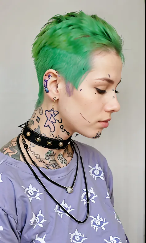 Girl with short green hair and tattoos, punk, closed eyes, purple running board