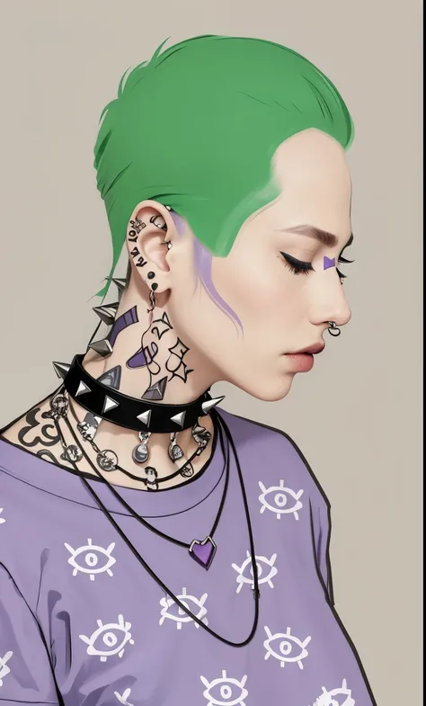 punk girl, closed eyes, purple t-shirt, Collar with spikes, tattoos, piercing