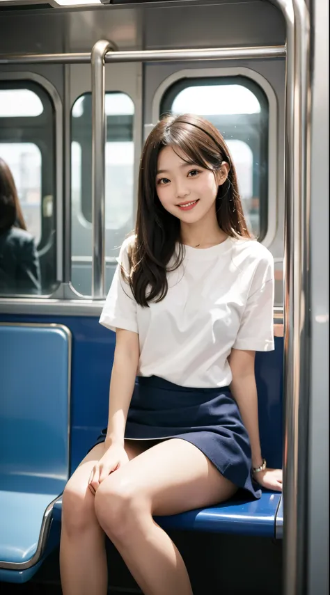 girl、Inside the train、sitting、mini skirt、panties、smile、view audience