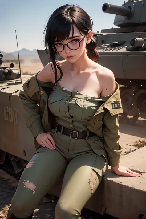 ((wide angle shot)), beautiful female veteran, black hair in a ponytail, bangs, wearing large glasses, wounds, injuries, ((weari...