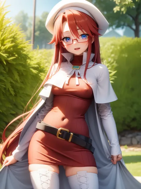 summonnightaty, aty, long hair, blue eyes, red hair, beret, hat, glasses,
BREAK long hair, thighhighs, hat, dress, boots, glasses, belt, cape, sweater, zettai ryouiki, beret, thigh boots, white footwear, ribbed sweater, loose belt,solo,
BREAK outdoors, fan...