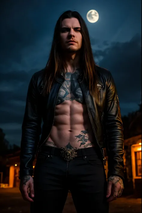 Best Quality,Masterpiece,Ultra High Resolution,(Realisticity:1.4),Original Photo,Cinematic Lighting, 1man, solo, Metalhead Style guy in front of a cemitery at night under the moonlight, tattooed, wearing ripped black pants, black clothes, strong body, heav...