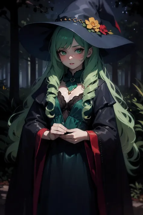 1 beautiful girl with long green hair , dark witch