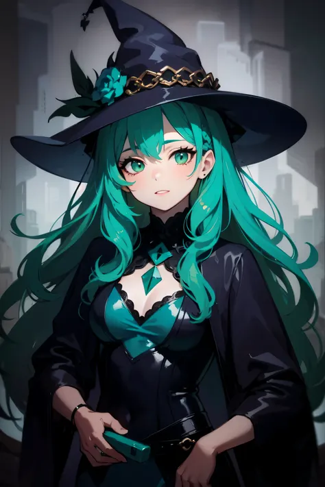 1 beautiful girl with long green hair , dark witch