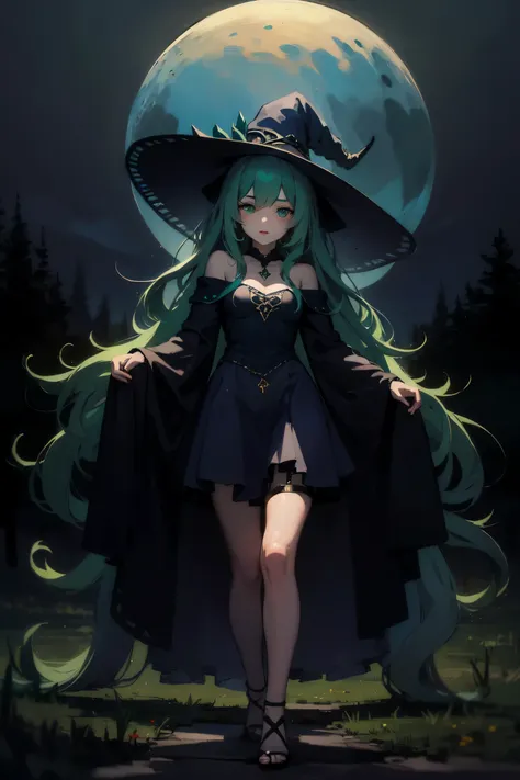 1 beautiful girl with long green hair , dark witch