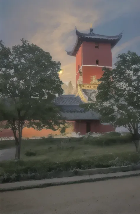 There is a tall tower next to the street，There is a clock on the tower, looking from the outside, External, Ancient Chinese pagodas, See from a distance, qiangshu, View from the street, See from a distance, Neat and dense buildings, View of buildings from ...