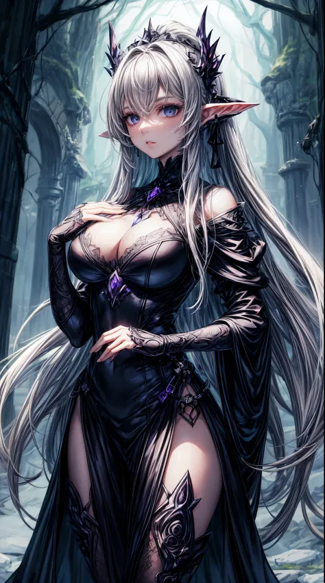 masterpiece,highest quality,Ultra high definition, Under the moonlight, a dark elf warrior stands quietly in a deep forest. Her silver hair blends into the darkness of the night, and her cold blue eyes stare into the distance. Her skin is pale, her ears lo...